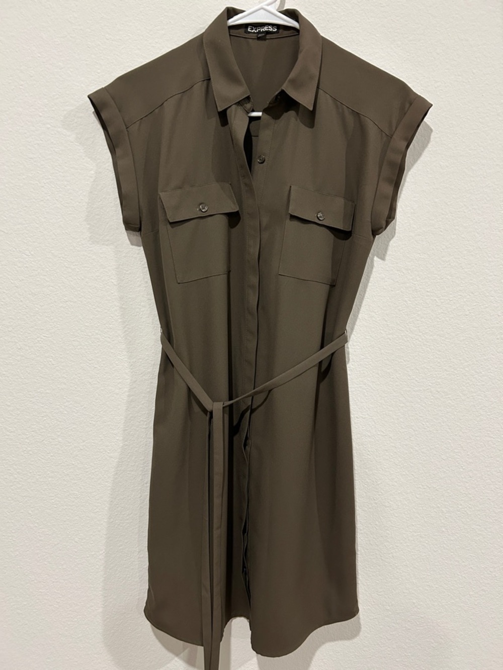 Express Olive Green Shirt Dress with Tie